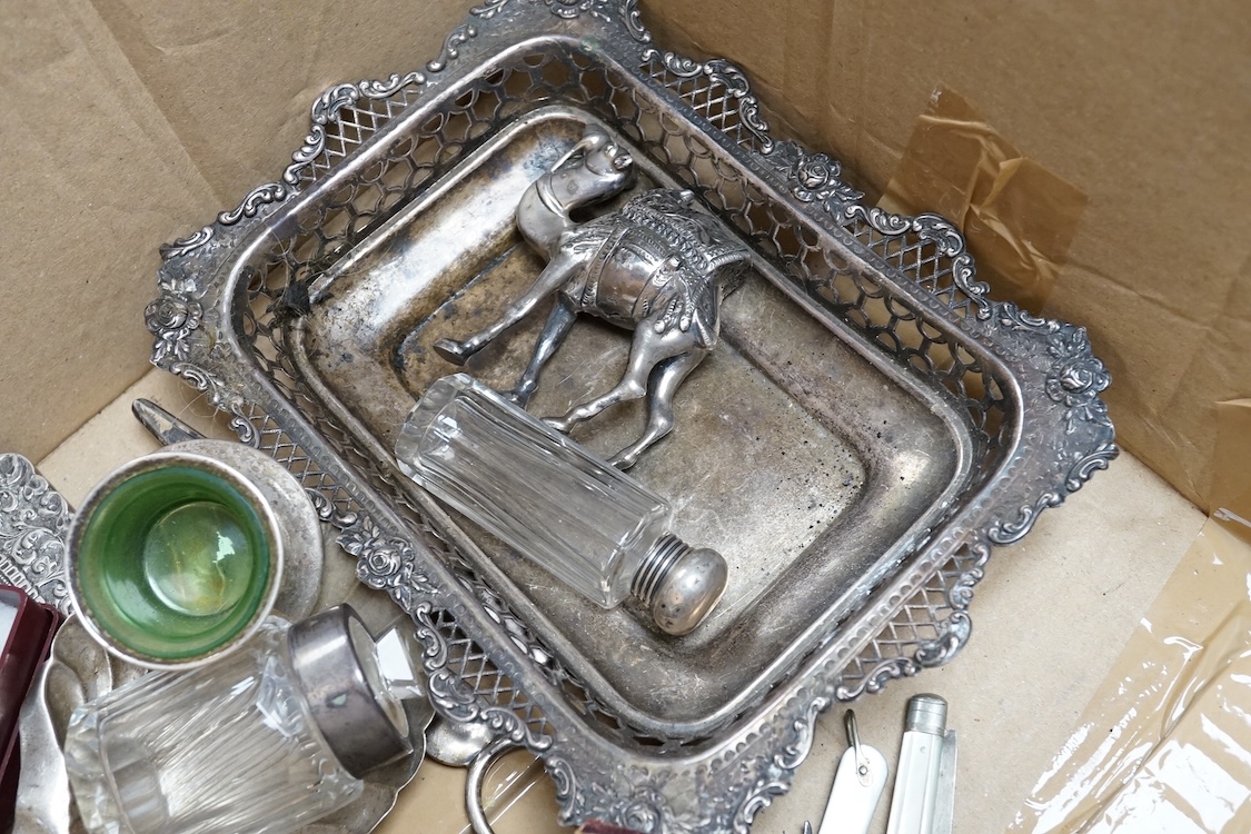 A quantity of assorted silver collectables and other items including a Victorian pieced silver dish by William Comyns & Sons, Ltd, London, 1896, 19.7cm, a silver mounted glass decanter and stopper, same maker, London, 18